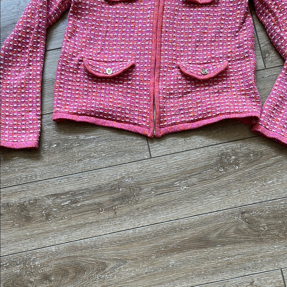 Talbots Pink White and Orange Tweed Sweater Jacket with Gold Accents Size S - Picture 5 of 11